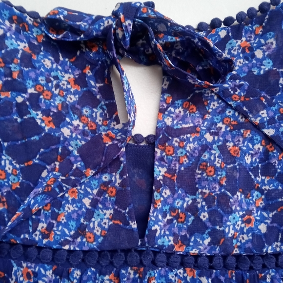 Daniel Rainn Blue Floral Boho Tank Top Sleeveless Blouse Crochet Lace Trim - Picture 5 of 7